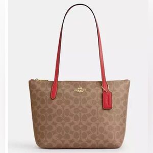 Coach NWT Tan Fiona Zip Tote Bag In Signature Canvas with Carnation Red Handles